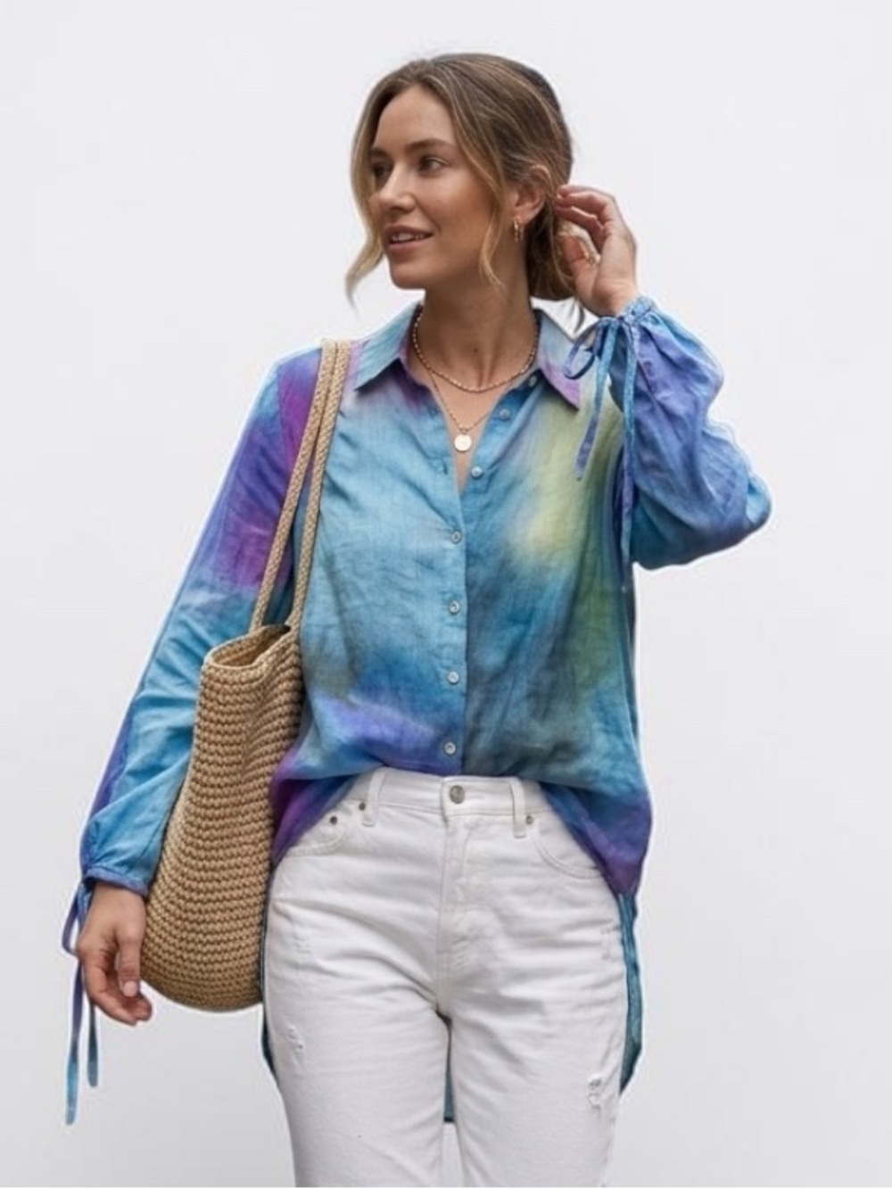 120% Lino Tie-Dye Long Sleeve Button Down 
Top size 42/S NWT